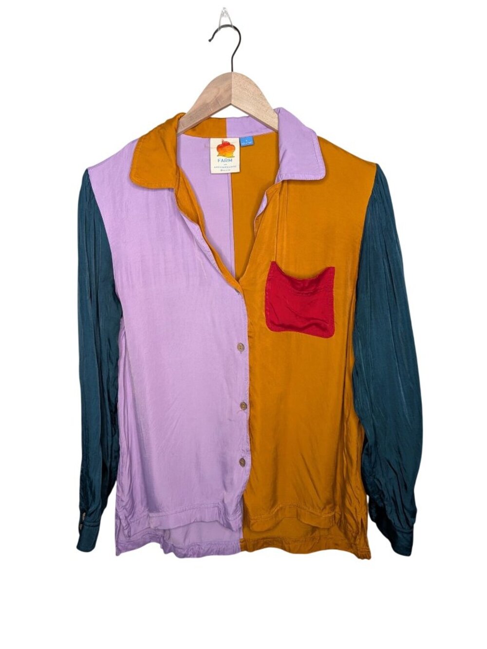 Farm Rio For Anthropologie Colorblock Button-Up Satin Shirt Size S